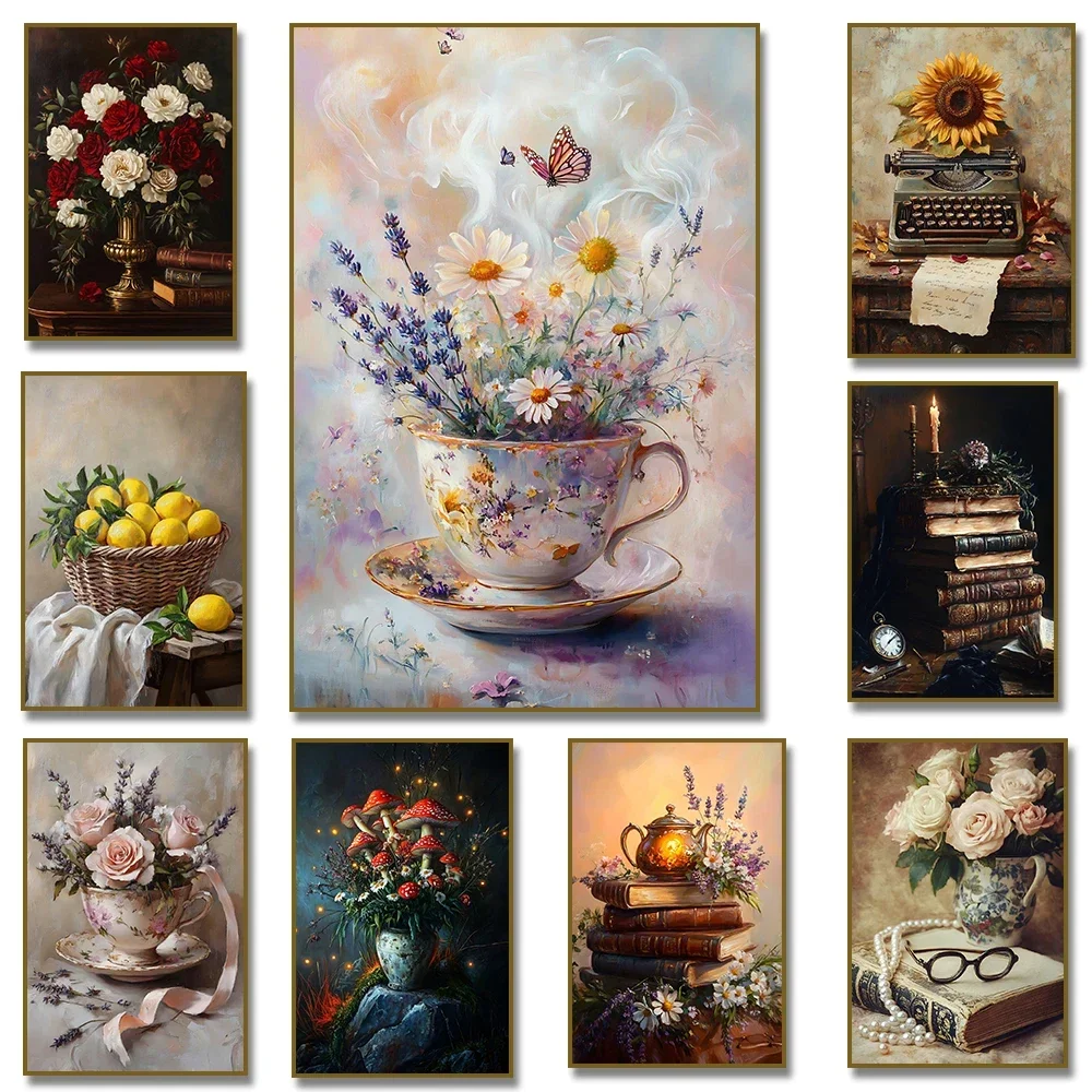 1PCS frameless Vintage Floral Birdcage Sunflower Typewriter Roses Teapot Antique Book Mushroom Poster Canvas Painting Print Wall