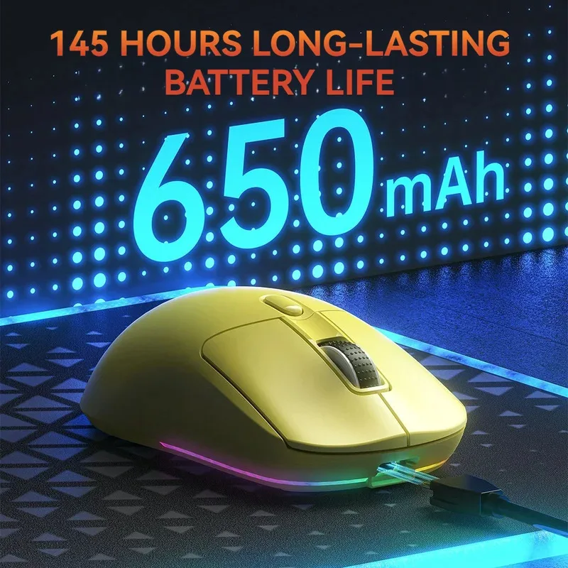 

Трехрежимная легкая игровая мышь Bluetooth 2,4G, аккумулятор 650 мАч, RGB подсветка, 12000 точек на дюйм, PAW3104, игровая мышь, частота возврата 1000 Гц