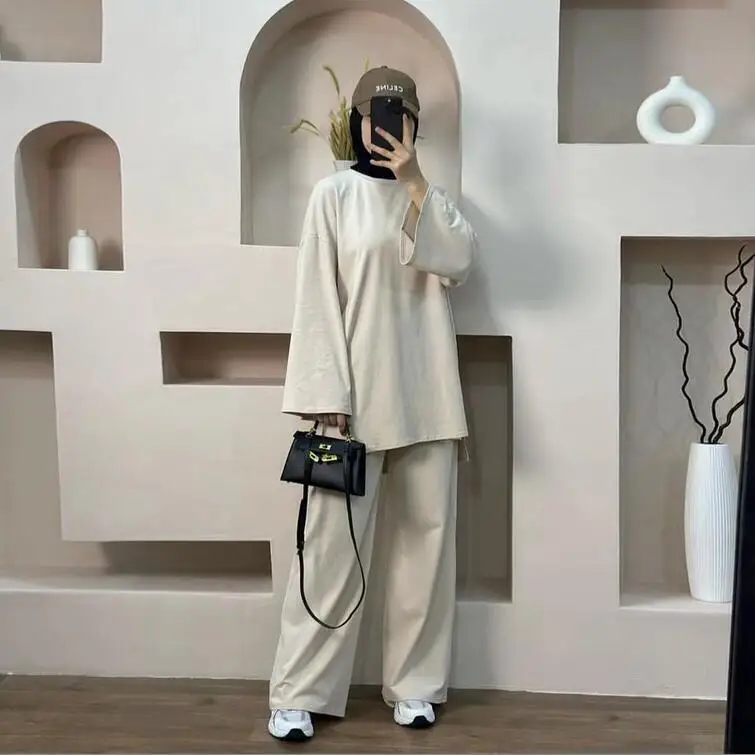 المرأة المسلمة كم طويل بلوزات وسراويل متواضعة دبي تركيا وتتسابق البلوز فام 2 قطعة عباية مجموعات ملابس كاجوال إسلامية