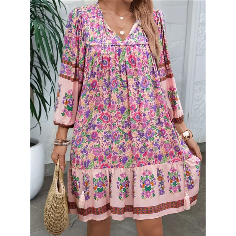 【】Women Casual Spring Summer Dresses V Neck 3/4 Long Sleeve Floral Flowy Boho Babydoll Mini Short Beach Dress