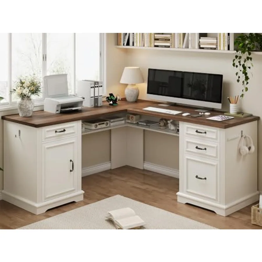 

Fhoe L Shed Executive Desk wi 4 Drawers, Home Office Desk wi Hid Under-Desk Storage Shelf and CharginStion, File Cabinet Storag
