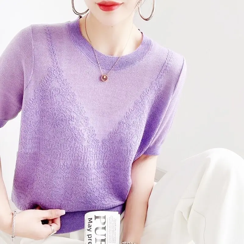 Vrouwen Shirt Koreaanse Gebreide Ronde Kraag Chic Korte Mouw Vrouwelijke Blouse Zomer Retro Slanke Alle Match Dames Solid Tops Z280