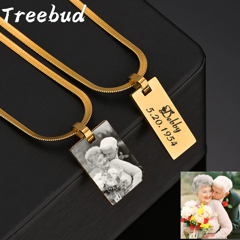 

Treebud Custom ожерелье с фото, лазерная фотография из нержавеющей стали, справочный текст, прямоугольная змеиная цепь