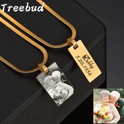 Treebud Custom Photo Necklace Stainless Steel Laser Engraved Picture Logol Text Rectangle Snake Chain Pendant Jewelry Gifts