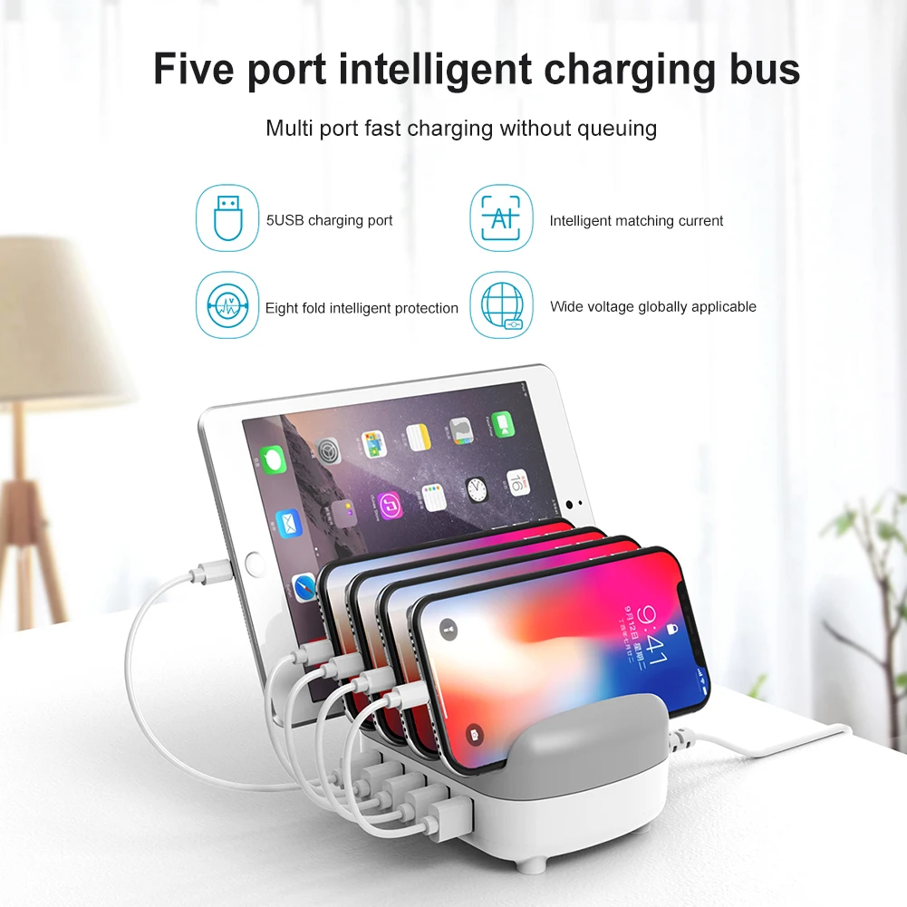 5-Port USB Charging Dock Station Stand 40W Fast Charger Station Multiple Plug Charger Adapter for iPhone iPad Cell Phone Tablets