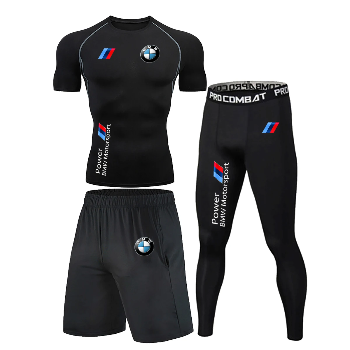 BMW logo Men's Gym Compression Y2KT T-shirt Llong Pants Shorts 3-Piece Full Open Breathable Fast Drying Sports Fitness Suit