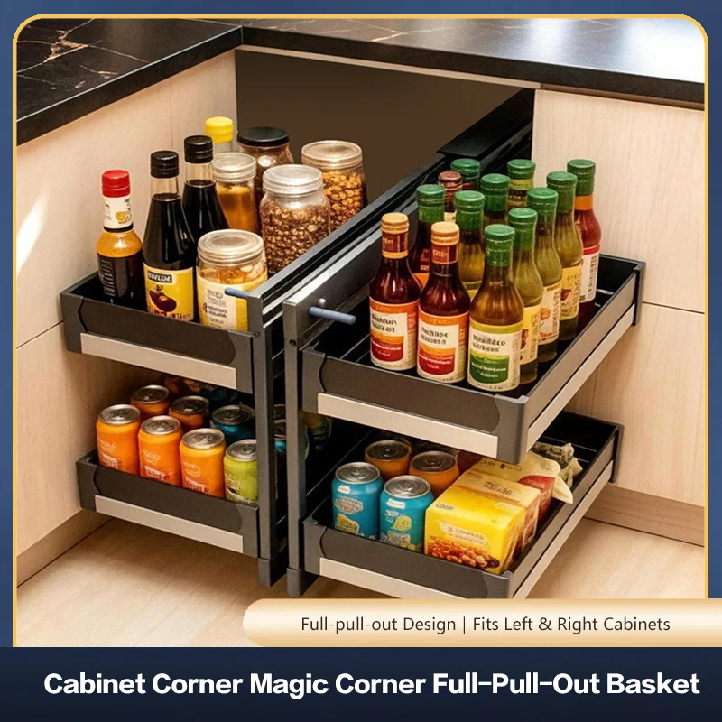 Premium Full Extension Double Layer Corner Cabinet Pull Out Organizer Rack With Stainless Steel Basket For Kitchen Storage