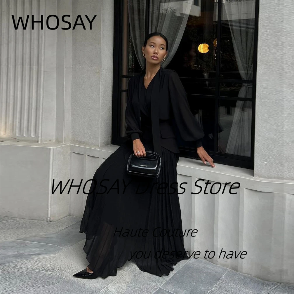 WHOSAY Office Lady Wear Two Pieces Black Dress Long Sleeves Evening Gowns Pleats Asymmetrical Vestidos Party Prom Dresses