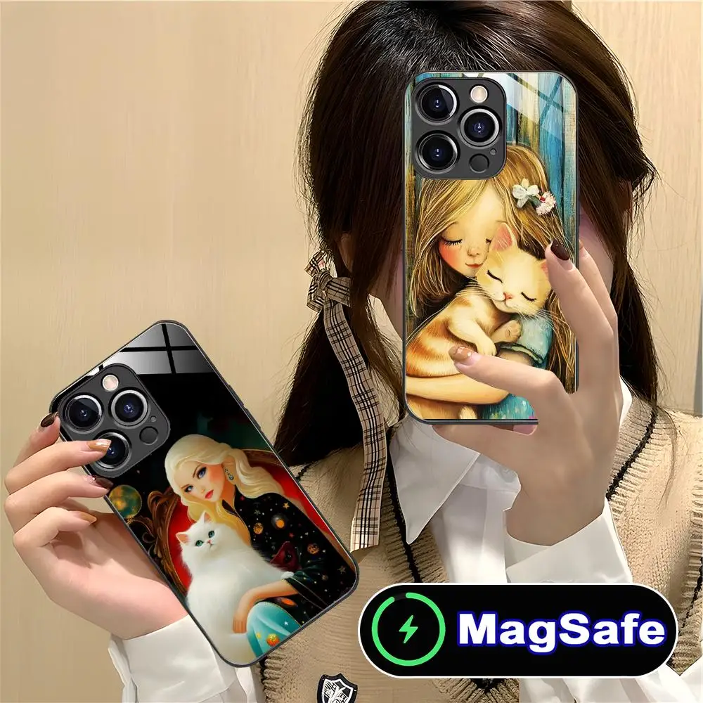 

Чехол для телефона Girl Cat Kitten Art для iPhone 16, 15, 14, 13, 12, 11 Pro Max Plus Mini MagSafe, стеклянный цвет, защитный роскошный смартфон