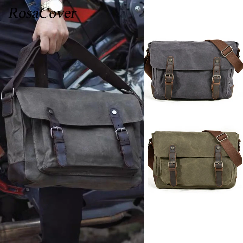 

European Vintage Style Canvas Shoulder Bags For Men Oil Waxed Canvas Outdoor Male Messenger Bag Motorcycle Style CrossBody Bag