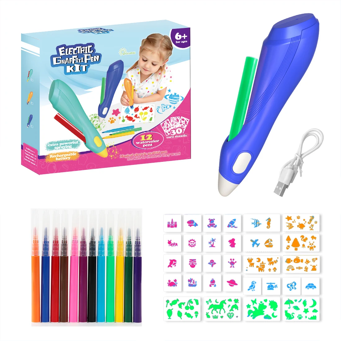 Elektrischer Aquarell-Sprühstift für Kinder, handbemalt, Farbpinsel, waschbar, 12-Farben-Sprühstift, Spielzeug für Kinder, Zeichenspielzeug, Geschenk