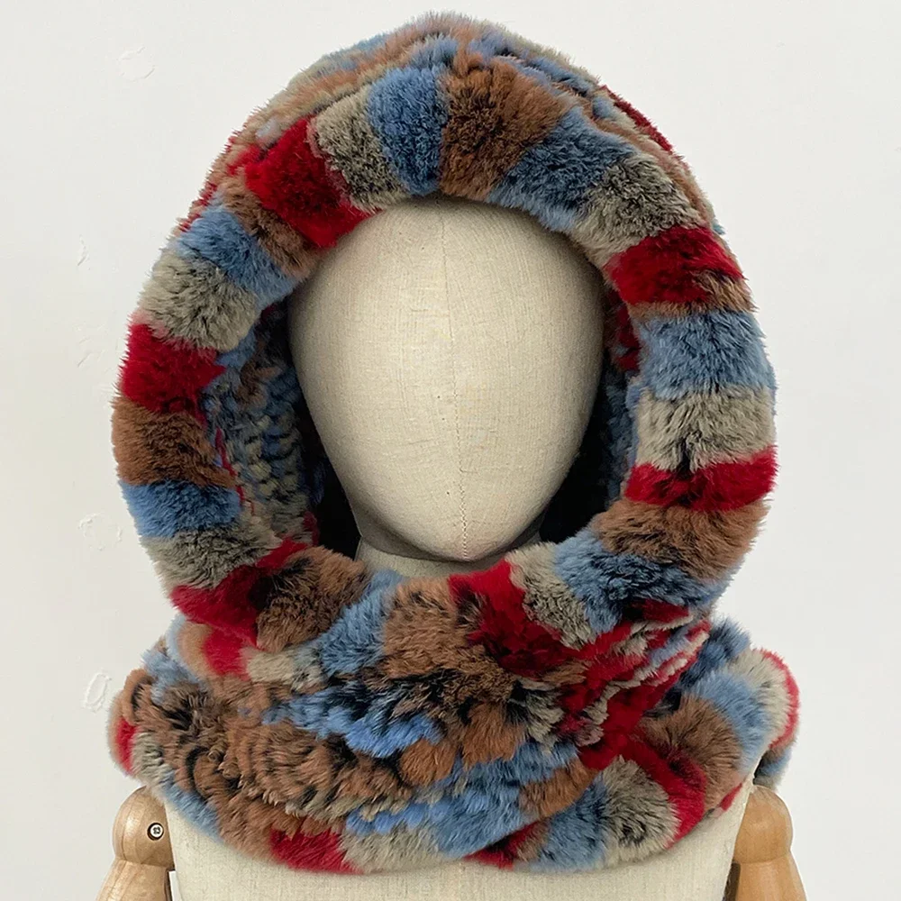 2025 Vrouwen Bontmuts Hot Koop Real Gebreide Rex Konijnenbont Muts Capuchon Sjaal Lange Winter Bont Hals Kraag Sjaals sjaal 2025