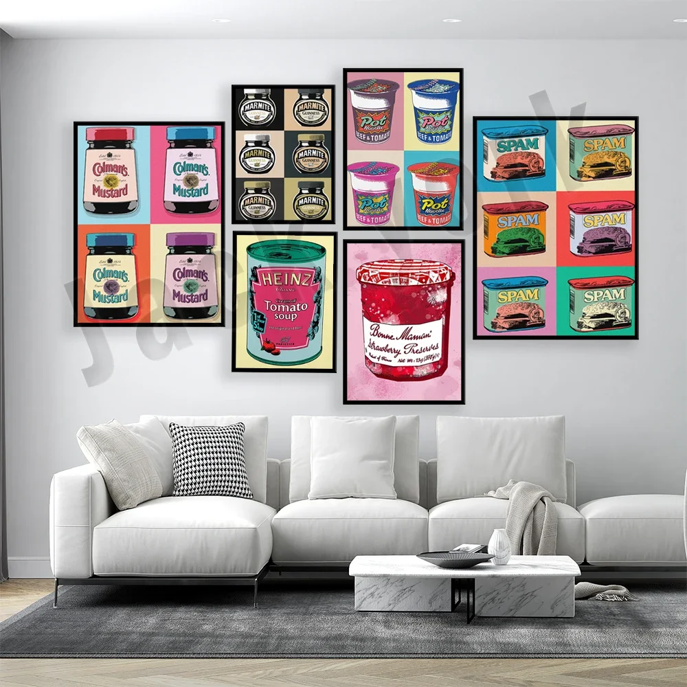 Warhol Herman prints, golden syrup, mustard, mayonnaise, baked beans, tomato soup, Branston pickles, Warhol Herman UK pop poster