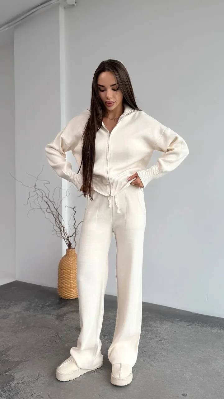 Solid Color Zipper Waist Cinching Casual Set Knitted Top Drawstring Straight Leg Pants 2-piece Sets 2026 Autumn Lady Daily Wear