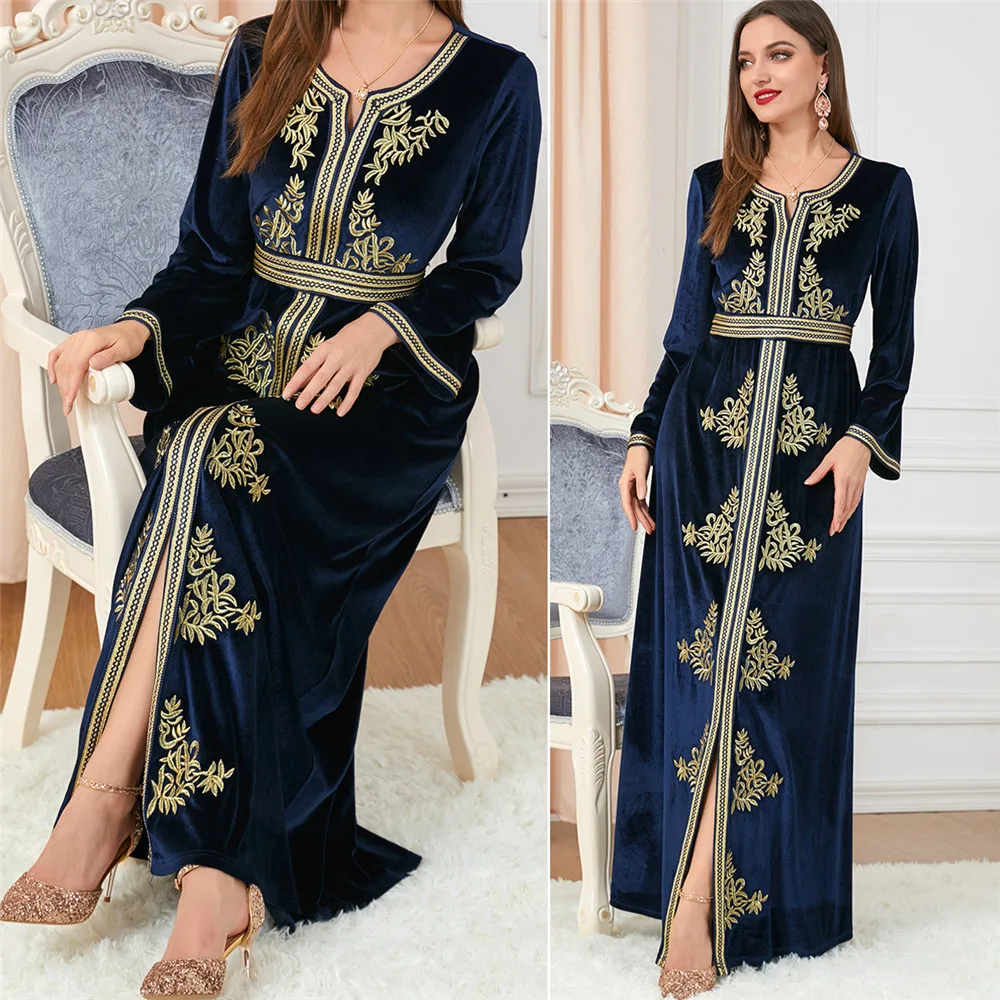 

Velvet Embroidery Autumn Winter Women Muslim Luxury Dubai Turkey Arabic Maxi Dress Islamic Kaftan Femme Kaftan Eid Gown Vestidos