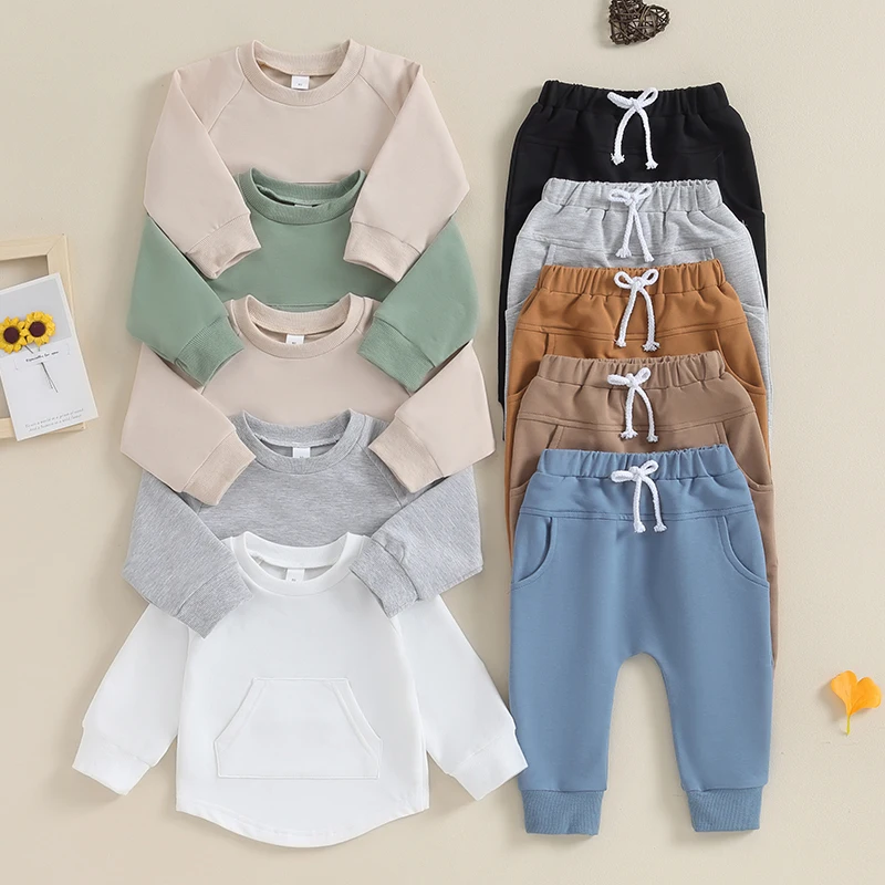 2023-10-17 Lioraitiin 0-3Y Toddler Baby Boy Girl Clothes Long Sleeve Solid Color Sweatshirt Elastic Pants Set  Outfit Tracksuit