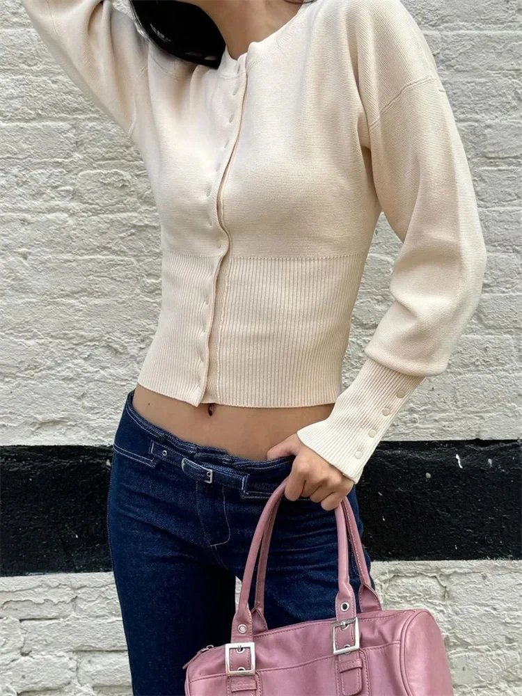 

Women's Ribbed Patchwork Knit Cardigan Korean Round Neck Single Breasted Outwear Slim Solid Casual Fashion Outwear