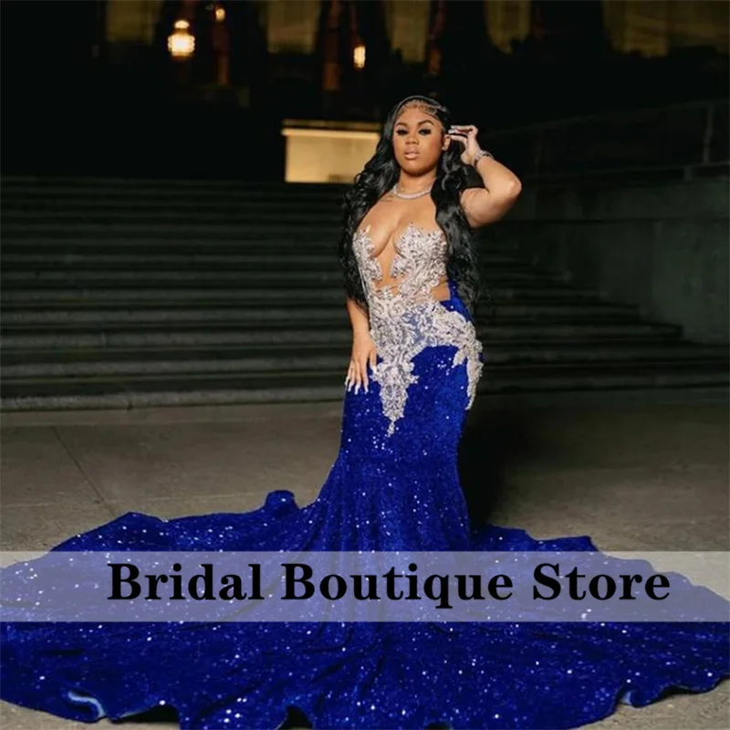 Sexy Diamonds Royal Blue Prom Dress Glitter Crystals Beads Rhinestones Sequins Birthday Party Dress Shiny Wedding Reception Gown