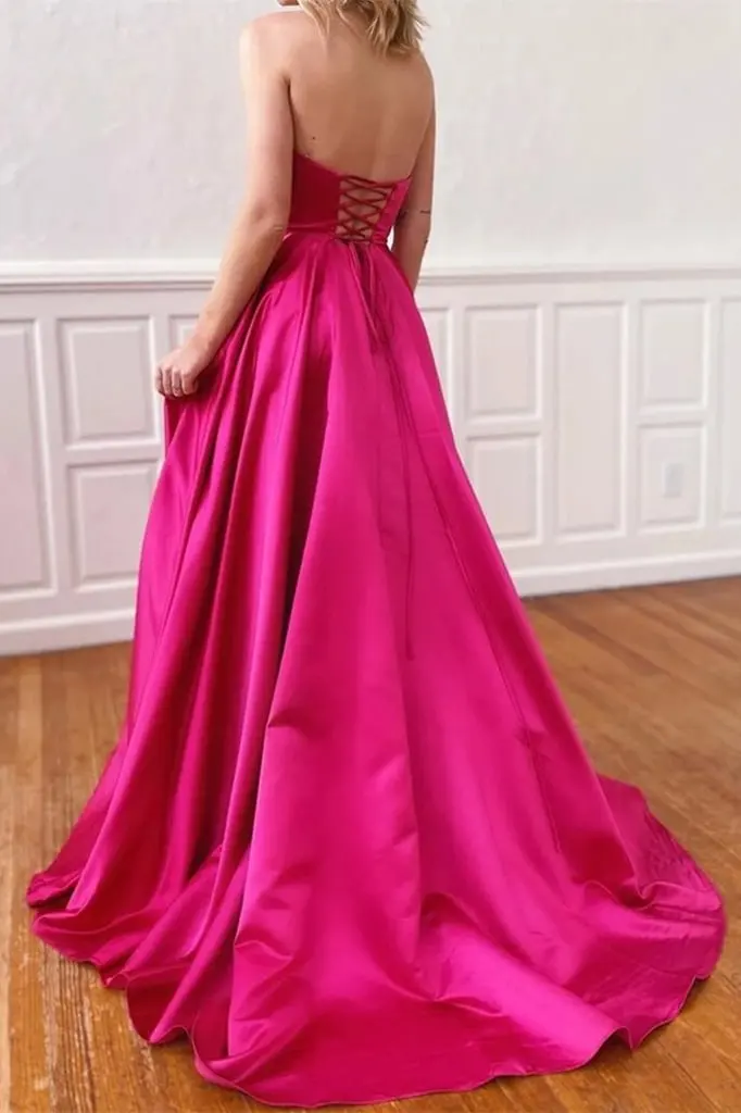 Strapless Prom Dress With Pockets Side Split Fuchsia Evening Gowns Formal Women Formal Party Dresses