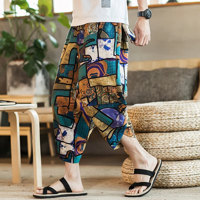 2024 Summer Harajuku Calf Length Casual Men\'s Pants Wide Leg Cotton Linen Printing Harem Baggy Pants Fashion Men\'s Clothing