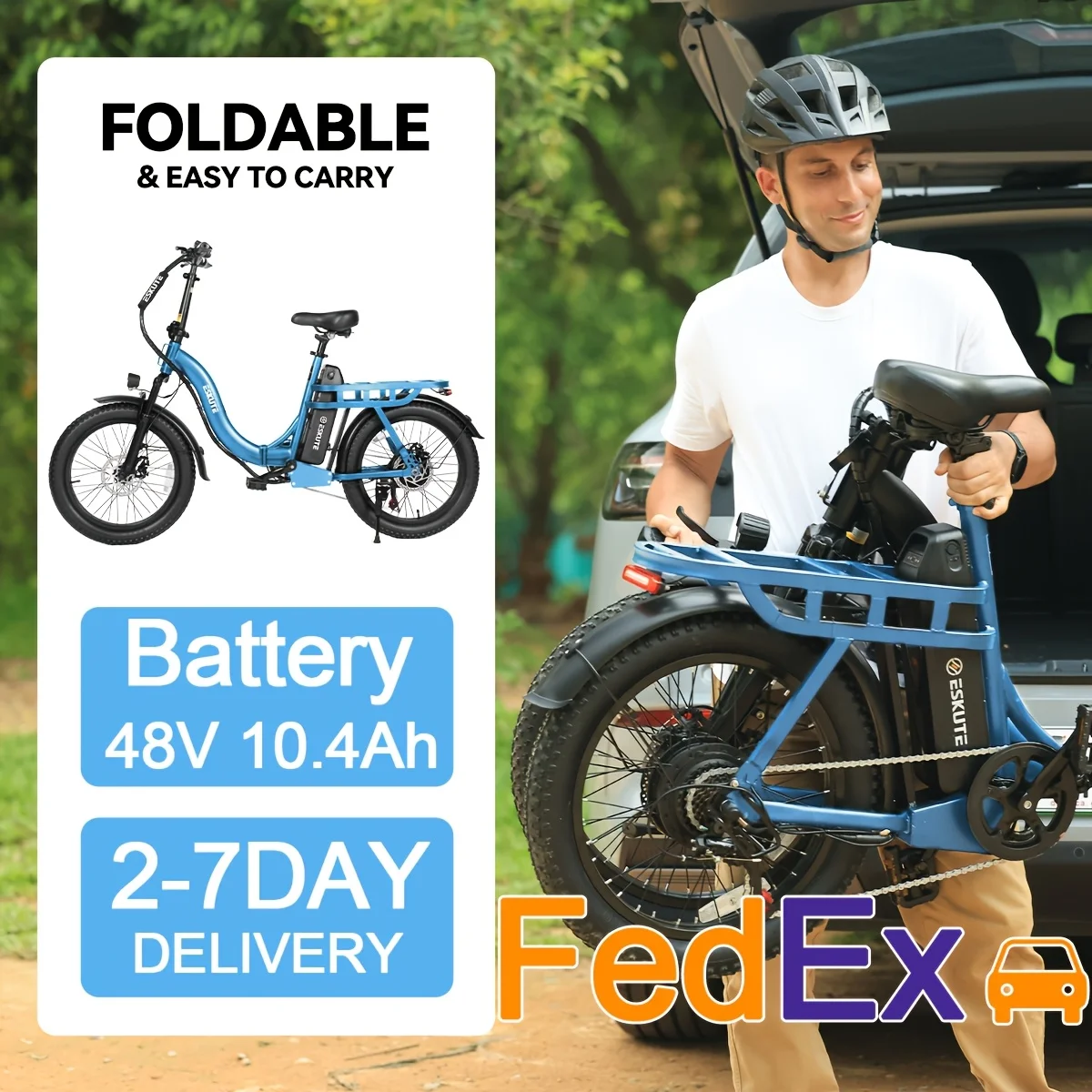 

Электровелосипед ESKUTE для взрослых - двигатель 749 Вт, складной электровелосипед с шинами 20x3, аккумулятор 48В 10.4Ач, складной грузовой электровелосипед с низкой рамой, 2