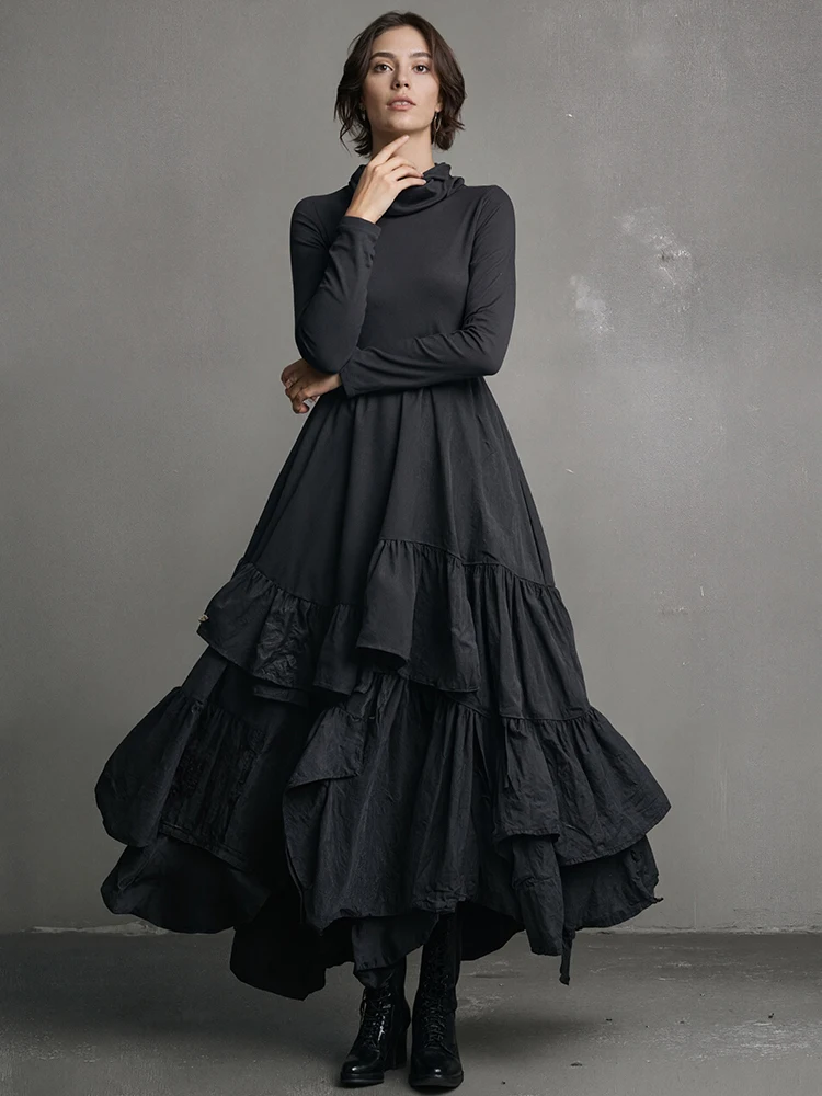 Vestido feminino com gola alta, manga comprida, preto, minimalista, plissado, em camadas, gótico, casual, retrô, bolsos, linha a, vestidos chiques