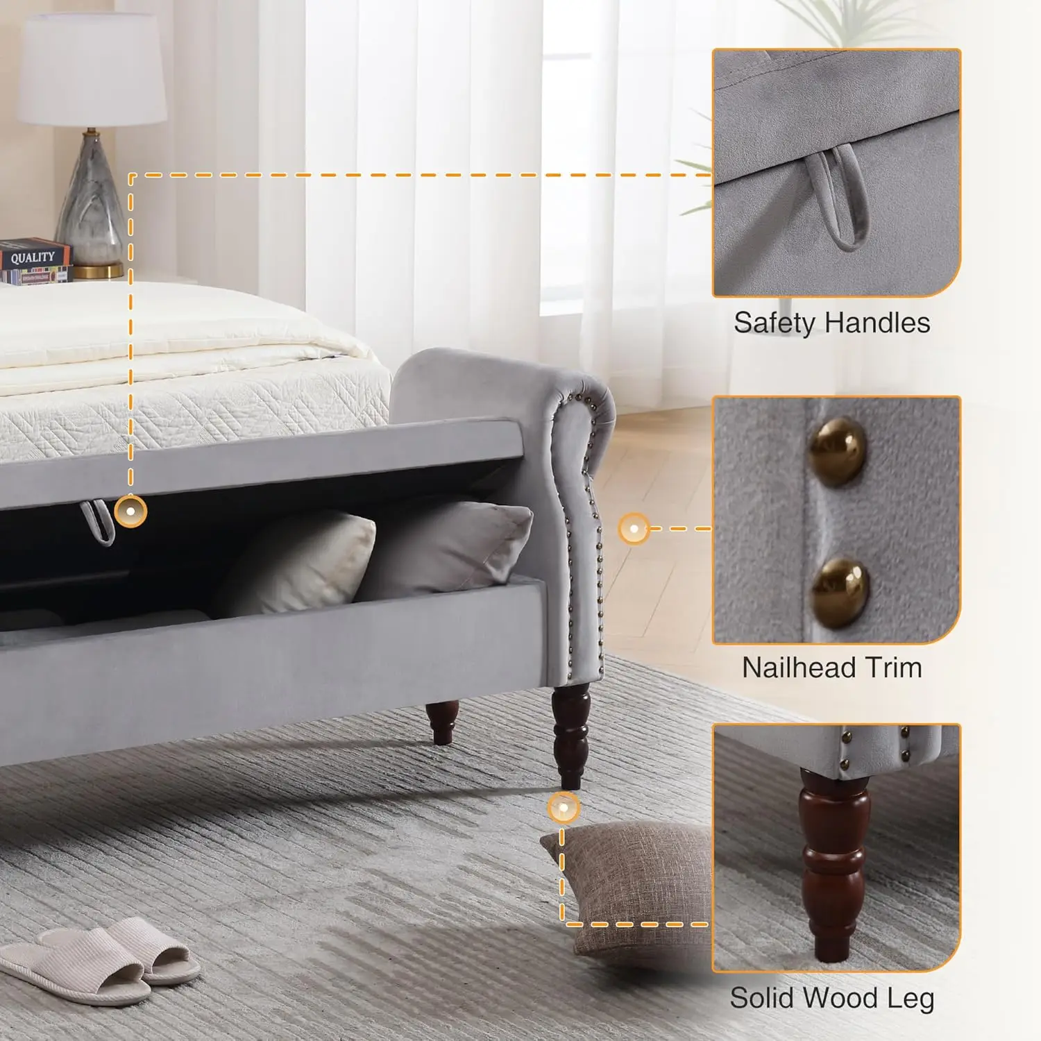 'King Size End of Bed Storage Bench, Velvet Upholstered Tufted with Arms, Grey'