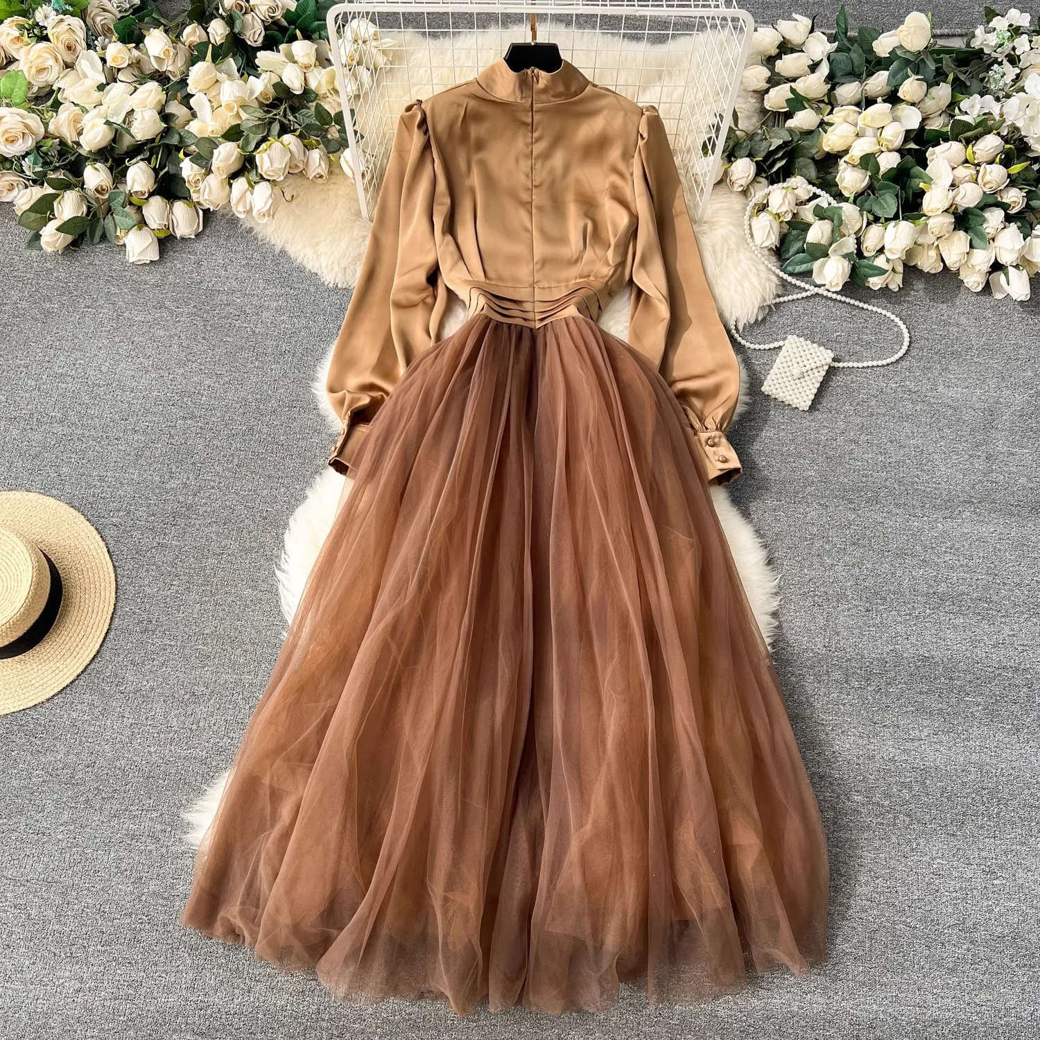 High Quality Women Spring Autumn Stand Collar Long Sleeve Mesh Patchwork Casual Party Fashion Elegant Holiday Dresses