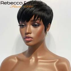 Perruque Brésilienne Naturelle Coupe Courte Pixie 1B, Cheveux Lisses Colorés avec Frange et Frange, Faite à la Machine, Noire Naturelle, pour Femme