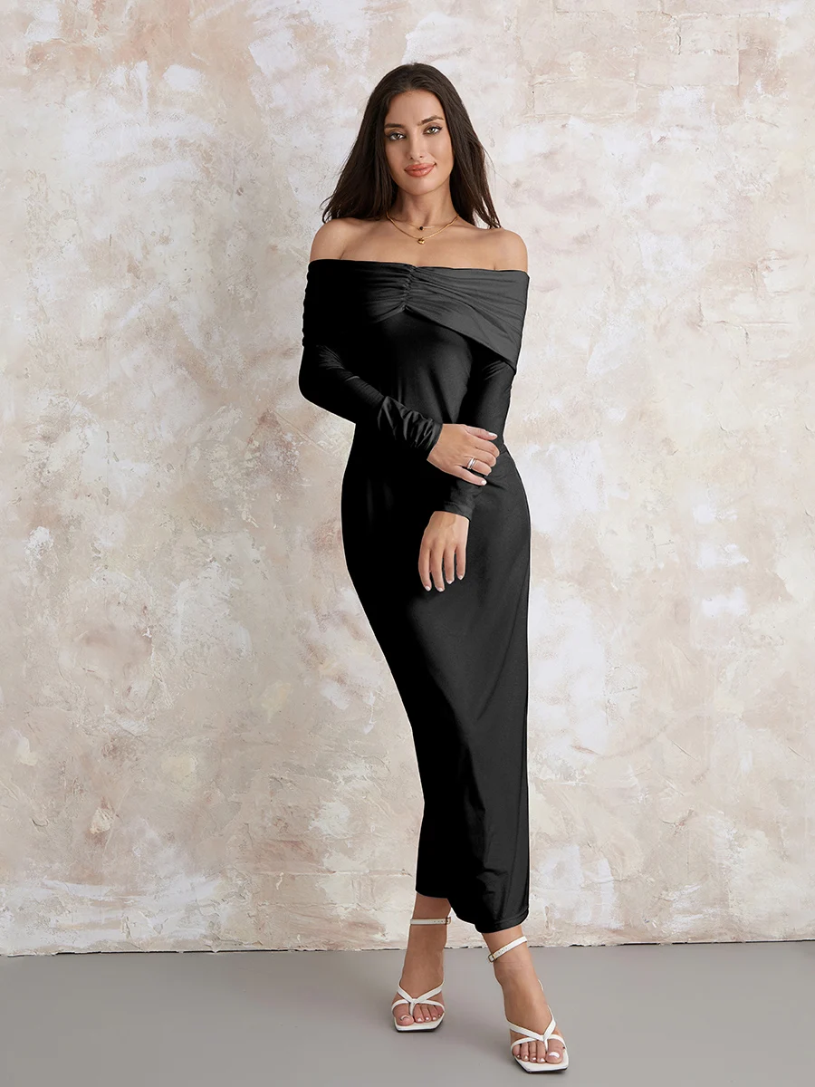

Women acute s Slim Tube Dress Solid Color Long Sleeve Twist Front Ankle Length Dress for Party