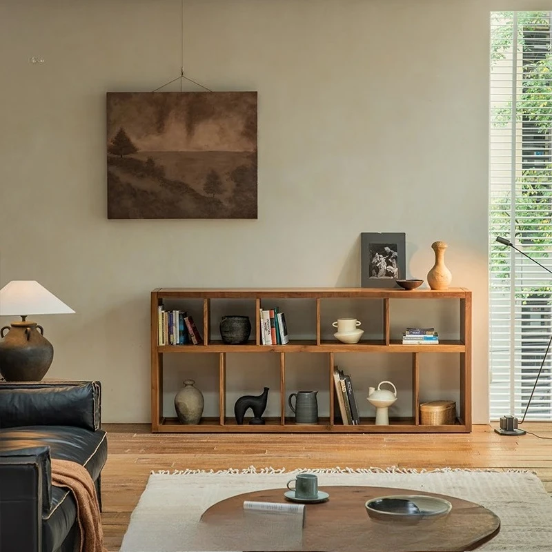 

Indonesian teak storage bookcase solid wood multi-grid retro wabi-sabi wind study living room floor-to-ceiling bookshelf