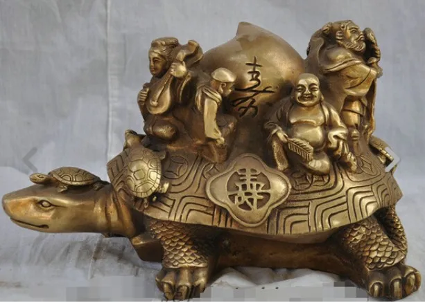 

10" Chinese Brass Immortal BaXianGuoHai 8 God Shou Peach On Shou Turtle Statue