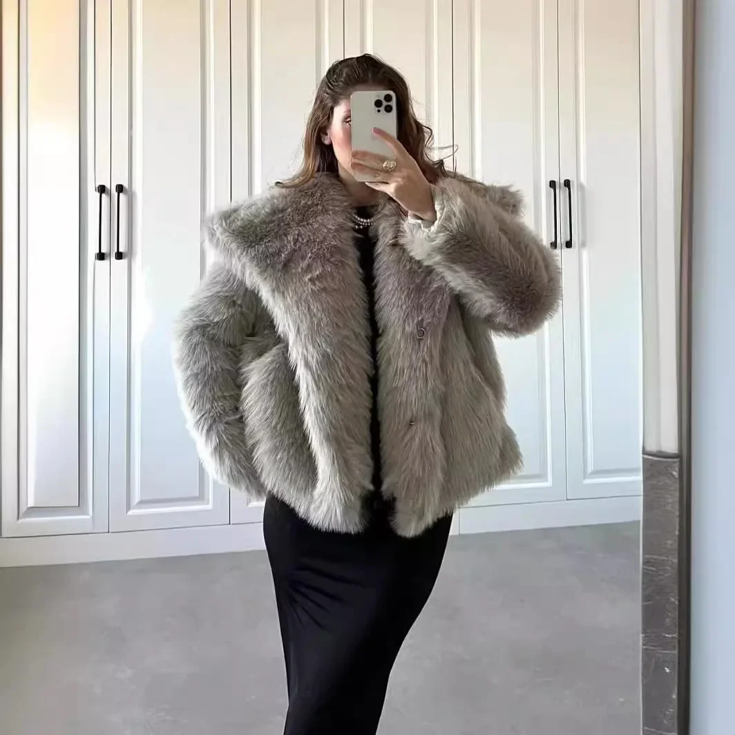 

Loose Lapel Winter Coat Artificial Fox Fur Women Outerwear Long Sleeve Gothic Street Fashion Adult Size No Collar Warm