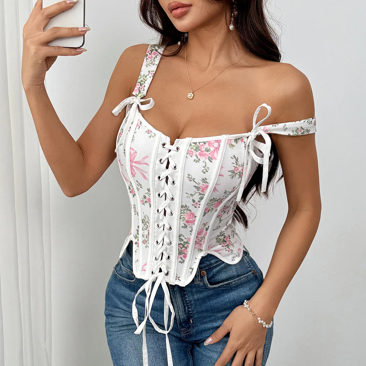 Damen Gothic Bodycon Korsett Bustier Crop Top mit Blumenmuster und Schnürung, Taillenformer für Party und Alltag, Schickes Outfit – Detail 4