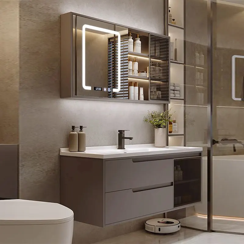

Light luxury rock slab ceramic integrated seamless rock bathroom cabinet combined bathroom set hand washbasin washstand