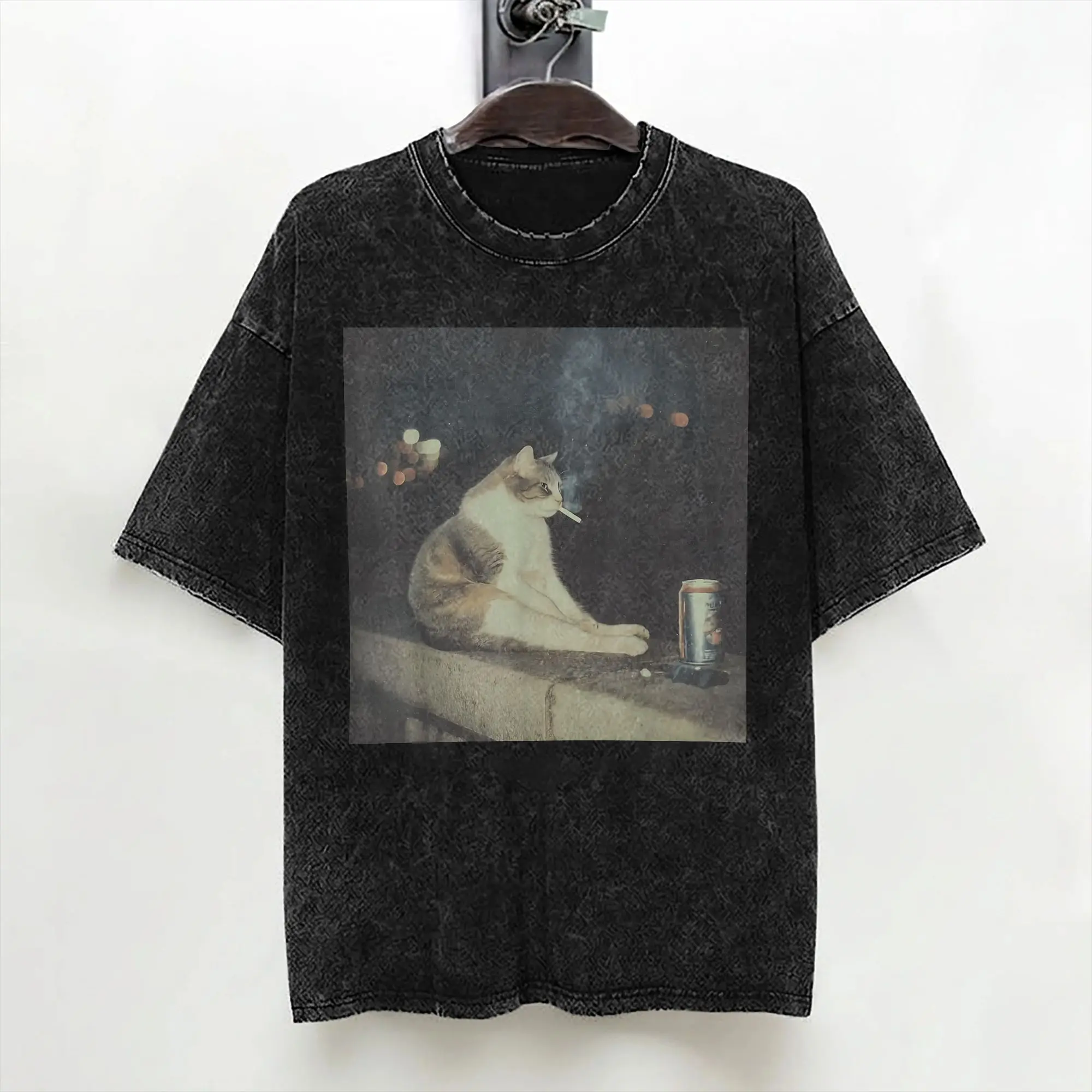 Cat Smoking Cigarette Cute Kitten Meme T Shirt Washed Cotton Oversize T-Shirts for Men Women Streetwear Printed Tops Tees