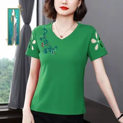 2024 Summer New Women's Pullovers Solid Color V-Neck Embroidery Hollow Out Fashion Loose Short Sleeve Commuter T-shirt Tops