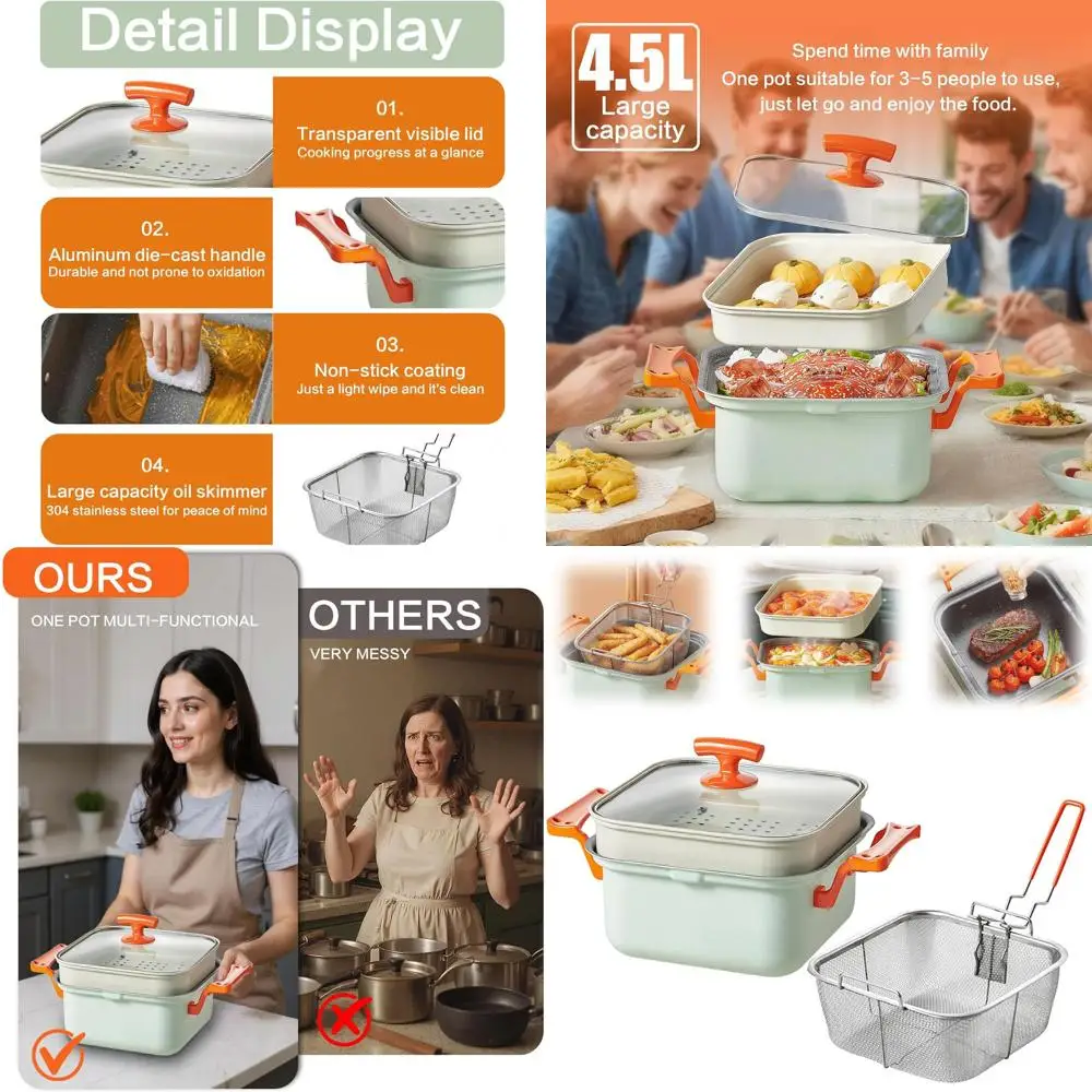 

Nonstick Stone-Coated Deep Fryer and Steamer Pot, 4.5L Capacity, Fry, Steam, Sauté, Braise, Easy Clean, with Glass Lid, Metal Ra