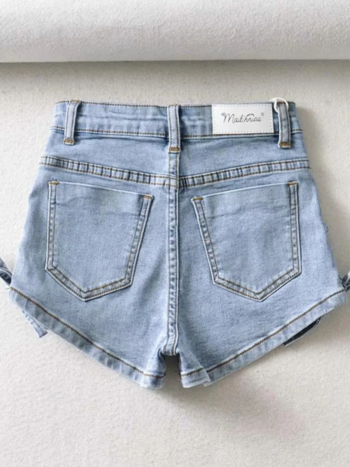 High Waist Elastic Bandage Denim Shorts Women's Slim Fit Cotton Stretch Summer Hot Pants Trendy Side Tie Belted Bootcut Shorts