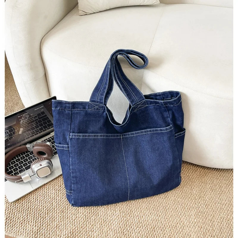 Washed Denim Tote Bag For Women Multi‑Pocket Large Capacity Casual Handbag Simple Daily Shopping School Shoulder Bag