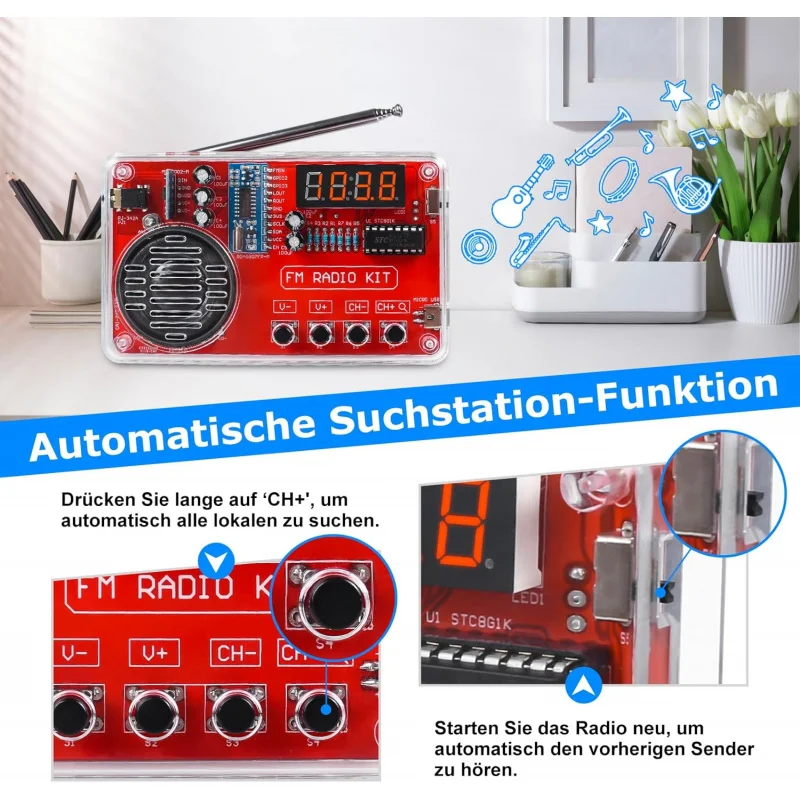 مجموعة راديو FM DIY مع سماعات الرأس وشاشة عرض رقمية USB، مناسبة للتعليم والتعلم وممارسة اللحام بنفسك