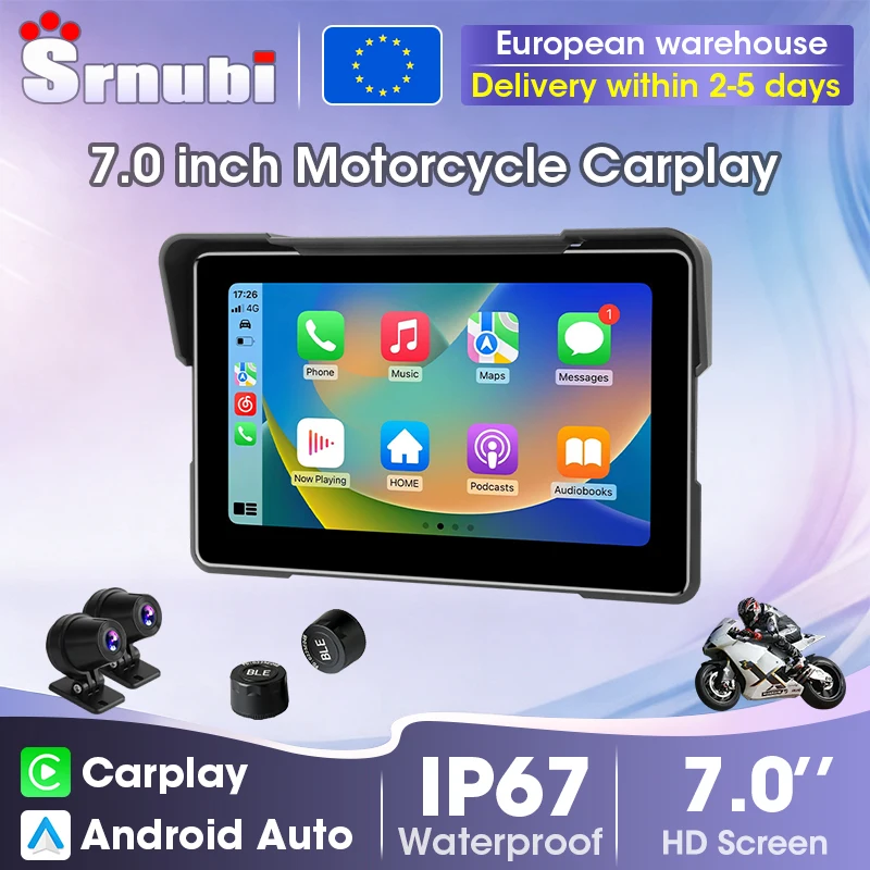 Srnubi Portable 5.0/7.0 pouces, écran de tableau de bord numérique pour moto, sans fil, Bluetooth, Carplay, Android Auto, DVR, navigation GPS, TPMS, étanche IP67