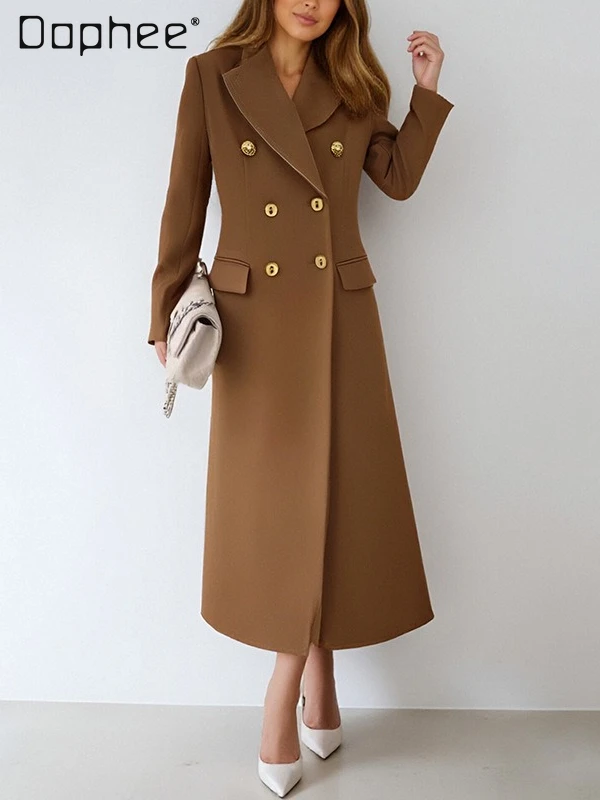 

Elegant Commuting Style Patchwork Blazer 2025 Autumn New High-end Solid Color Double-breasted Slim Mid-length Coat for Women