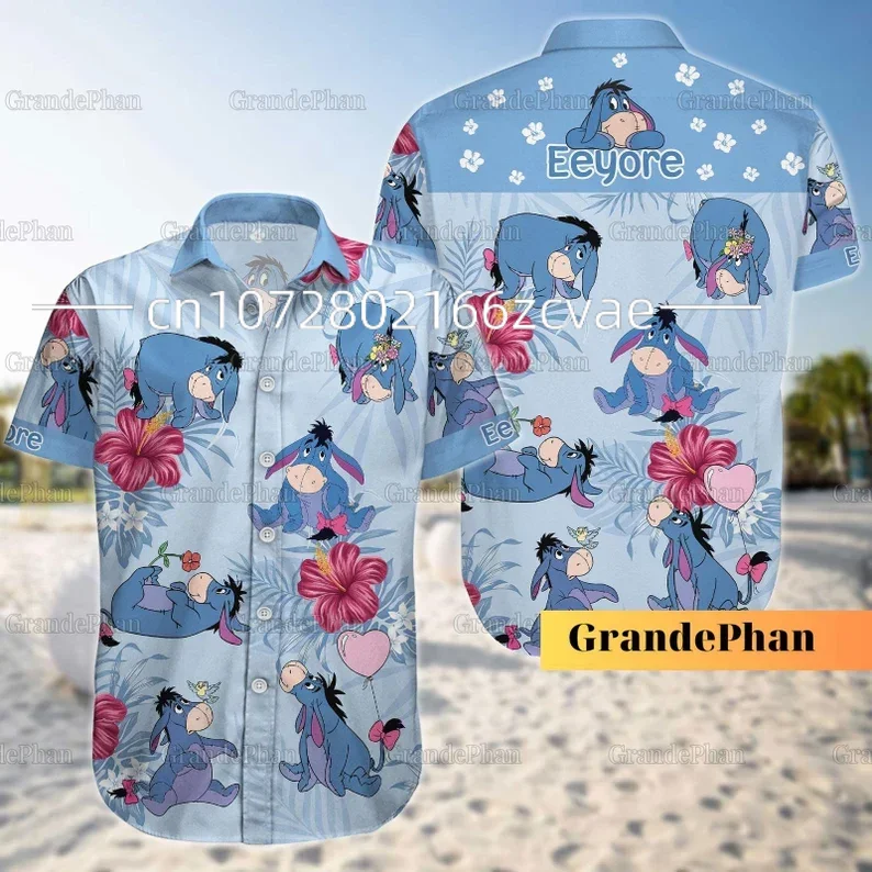 2024 New Disney Eeyore Hawaiian Shirt Men's Button Up Short Sleeve Fashion Disney Hawaiian Shirt Vintage Short Sleeve Shirt