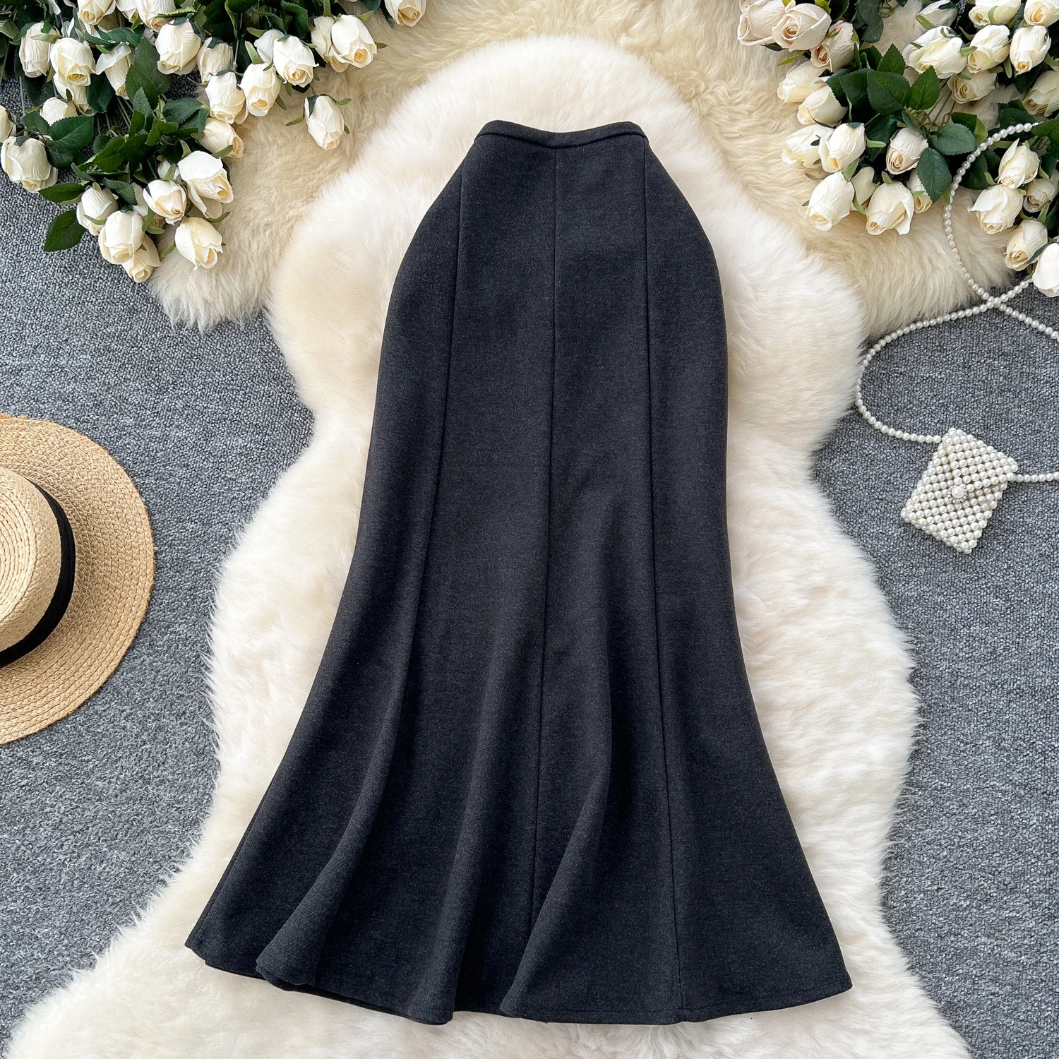 Casual Vintage High Waist Chic Slim Long A-line Mermaid Skirt French Fashion Streetwear High Street Autumn Winter Clothing