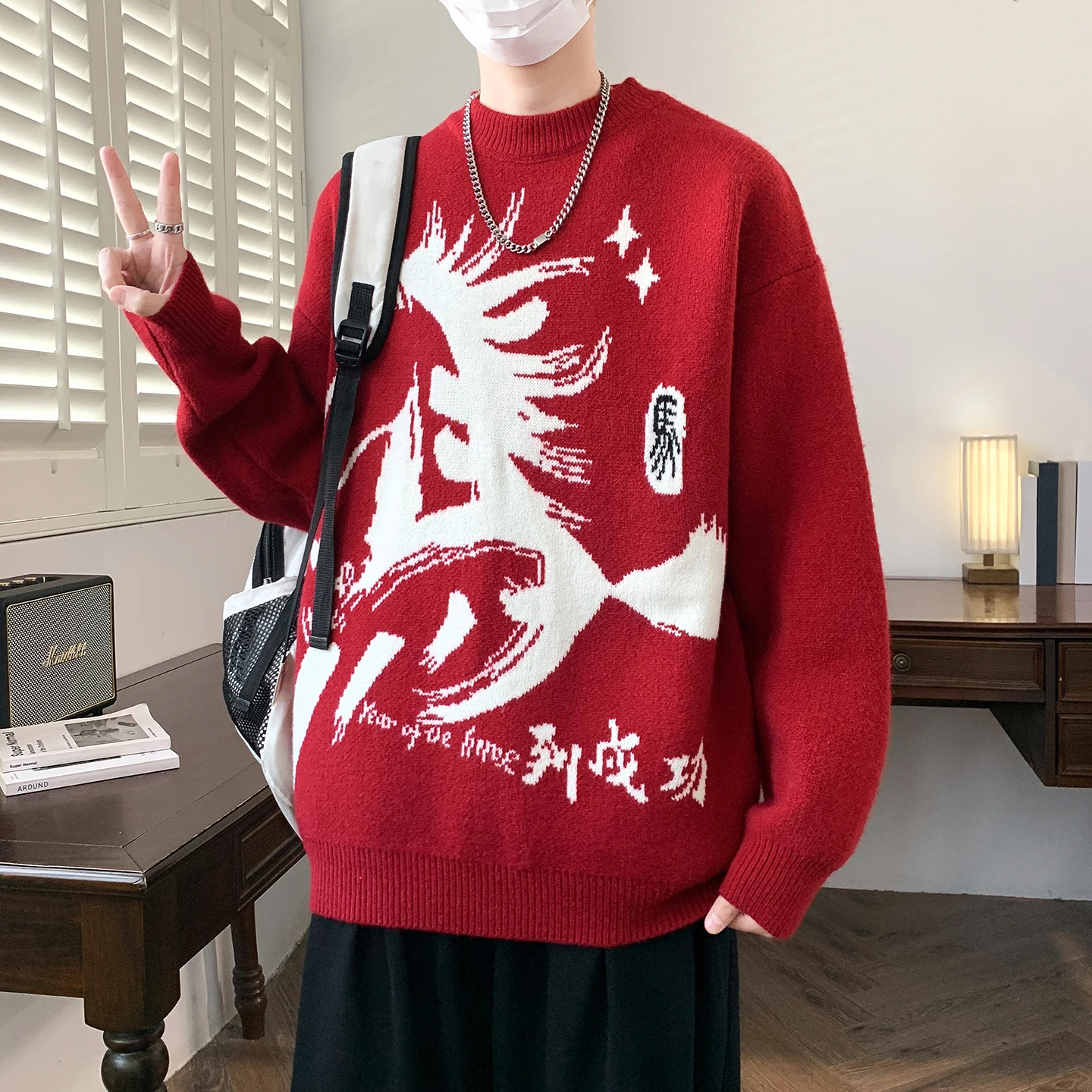 

Красный вязаный свитер для мужчин, круглый вырез, утепленный, свободный крой, зимний, модный, повседневный, удобный, с длинными рукавами, базовый стиль