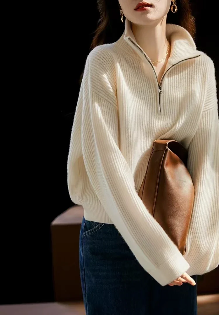 Women\'s Italian Craft 100% Pure Cashmere Sweater Half Zipper Stand Collar Thickened Loose Lapel Pullover Knitted Sweater