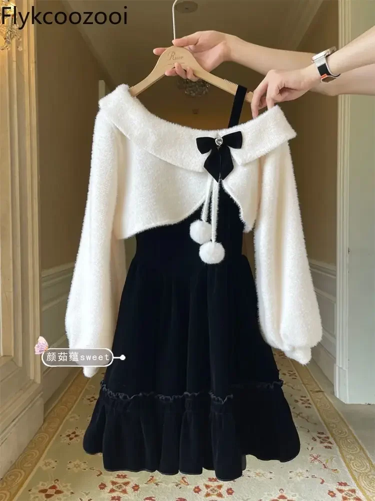 Conjunto Femenino Abito da principessa di fascia alta per donna Autunno e inverno Scialle con fiocco Camicetta di lana Abito con bretelle nero