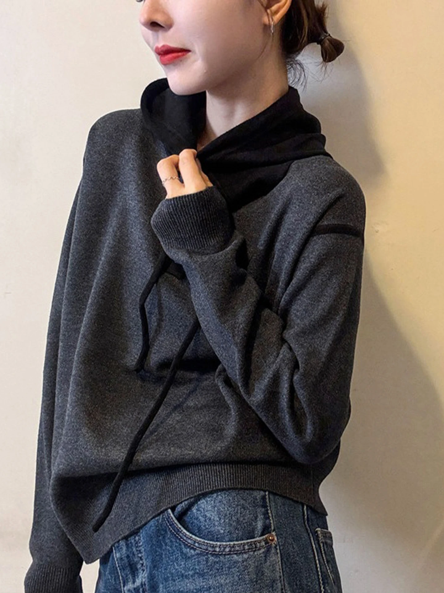 Suéter de Cachemira con Capucha y Diseño de Bloques de Color Invernal, Estilo Coreano Informal, Moda para el Trabajo, Manga L...