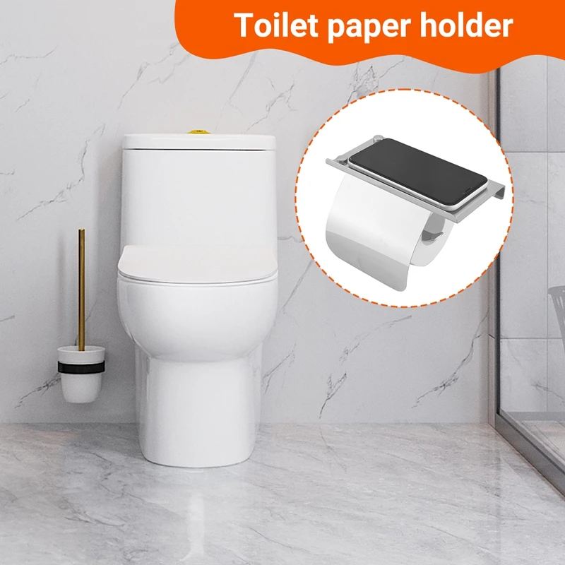 Modern Stainless Steel Wall Mount Toilet Paper Holder with Phone Shelf Roll Paper Holder Bathroom Fixture Bathroom-A51M
